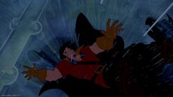 Gaston screaming as he falls to his death in the castle moat after losing his balance on the balcony.