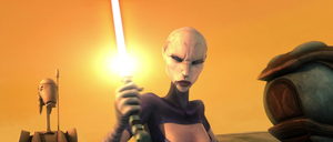 Both royal guards moved to defend their king, but Ventress deflected their blasterfire.