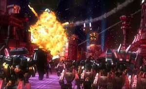 A swarm of Decepticlones marching down the fiery remains of Cybertron.