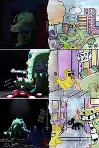 Pianosaurus wandering back to his enclosure and feasting on the dead toy right before the player fell down from the ledge.