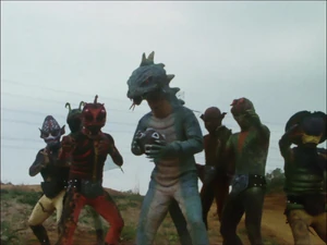 Tokageron with the revived Shocker Kaijin.