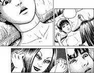 Fortune Teller tying her hair to Tomio's neck.