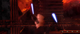 Vader and Kenobi fought an intense duel throughout the mining complex.