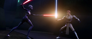 Asajj attacks with two blades, but Obi-Wan stands firm against her attack, coolly parrying each crimson blade in turn.