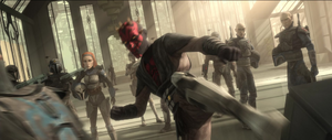 However, Maul overpowers Vizsla with his martial skills.