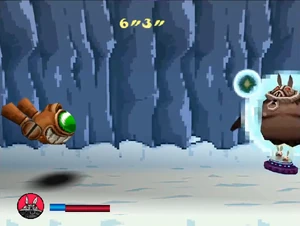 Sergueï making his escape if Rayman fails to defeat him, via an instant death.