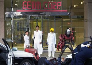 The Robol Bugster attacking Genm Corp. with the other members of the Next Genome Institute.