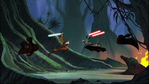 Ventress and Skywalker leap at each other removing their cloaks.