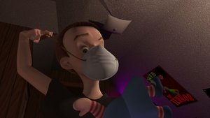 Sid puts on a mask as he prepares to turn Janie to Pterodactyl Janie