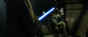 Deprived of her lightsabers, Ventress uses pipes to ward off Skywalker.