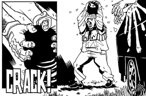 Mark ripping off a hoodlum's head with his bare hands.