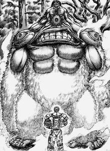 Wyald standing before Guts in his apostle form.