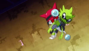 Drawmon being “saved” by Gatchmon.