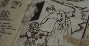 A drawing of a wearer trying to get the costume off