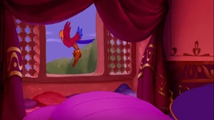 Iago flying away, stealing the lamp.