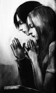 Claudia Wolf and Alessa Gillespie, both praying together as children in Silent Hill 3: The Novel.