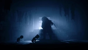 LN2HunterIntro.jpg (106 KB) Mono and Six sneak past the Hunter while he skins an animal.