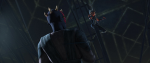 As she held him in place, the gunships Rex had called in arrived as Maul grew increasingly panicked.