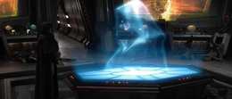 Darth Sidious hologram telling Vader to shut down the droid armies.