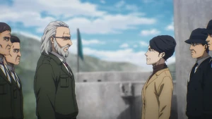 Zackly greets Hizuru's envoy Kiyomi Azumabito, who returned to Paradis two years after her last visit.