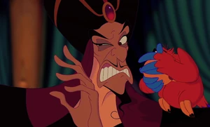 Iago and Jafar cringing when Prince Ali destroys the latter's staff.