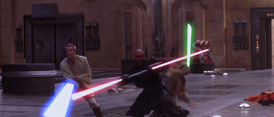 With Jinn temporarily disarmed, Obi-Wan fights against the agile Sith