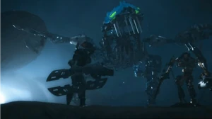 The enlarged Gadunka attacking Toa Nuparu and Hewkii.