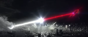 Gigan Rex clashing his beam with Godzilla's breath.