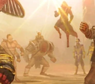 Goro, Ferra and Torr, Ermac, Rain, and Tanya helping Kotal Kahn defend Outworld.