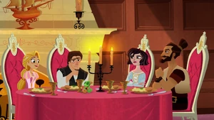 Rapunzel and Eugene on a double date with Cassandra and Andrew