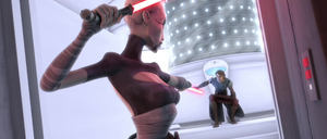 Asajj was intercepted by Anakin Skywalker before she could abscond with her objective.