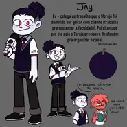 Arte de Conceito do Jay.webp (111 KB) Former coworker who Morajo fired for yelling at a client (he works to support college). He was called by Morajo because Torajo needed someone to organize the channel. (situation was bad) Comic strip: The people there still hate you. Tell me something new.