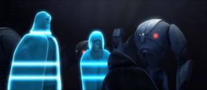 Ventress kneels when Lord Sidious enters the transmission.