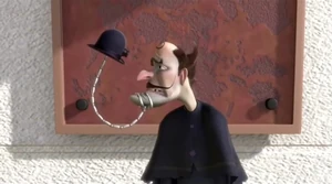 DOR-15 encouraging Bowler Hat Guy to prepare himself present the Memory Scanner, which was originally invented Lewis Robinson.