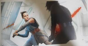 Rey fighting Kylo on Kylo Ren's Sanctuary.