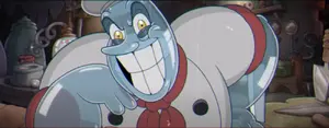 Saltbaker's evil grin as he is revealing his true colors to Mugman and Ms. Chalice,while he is holding Cuphead captive