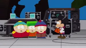 Mickey Mouse threatens Stan, Kyle, and Cartman with a chainsaw.