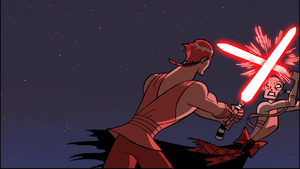 Taking up her lightsaber, Skywalker continued to strike at her with vicious slashing attacks and power lunges.