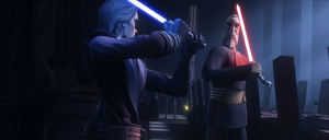 Now, guarded by a lone Jedi, the Chancellor is vulnerable and Dooku ignites his blade and moves toward Anakin.