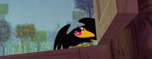 Diablo's evil smirk as he manages to find Aurora before he flies off to report his findings to Maleficent.