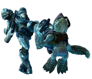 A Sangheili Storm kicking an Unggoy Storm.