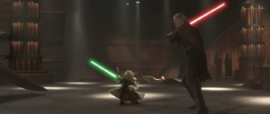 A lightsaber duel began between the two masters.