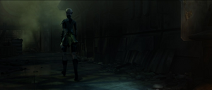 Aware she is being followed, Ventress resumes walking down the seedy alleyway.