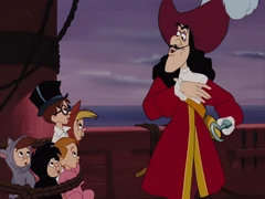 Captain Hook holds the Darling children and the Lost Boys hostage,to kill them