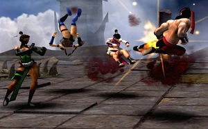 Liu Kang vs Jade, Kitana and Mileena in Mortal Kombat Shaolin Monks.