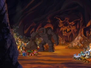 Mogorb storing all the stolen toys inside a hidden cave