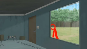 He's entering the shack.