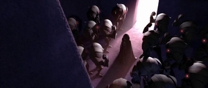 Ventress enters a room surrounded by B2 super battle droids.