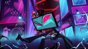 Vox protecting Valentino and Velvette from Alastor’s tentacles.