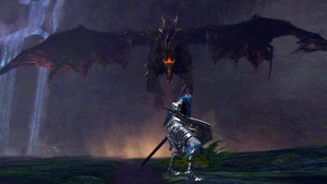 Kalameet charging at the Chosen Undead in Artorias' armor.
